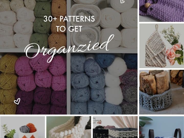 Collage of crochet patterns like baskets and organizers.