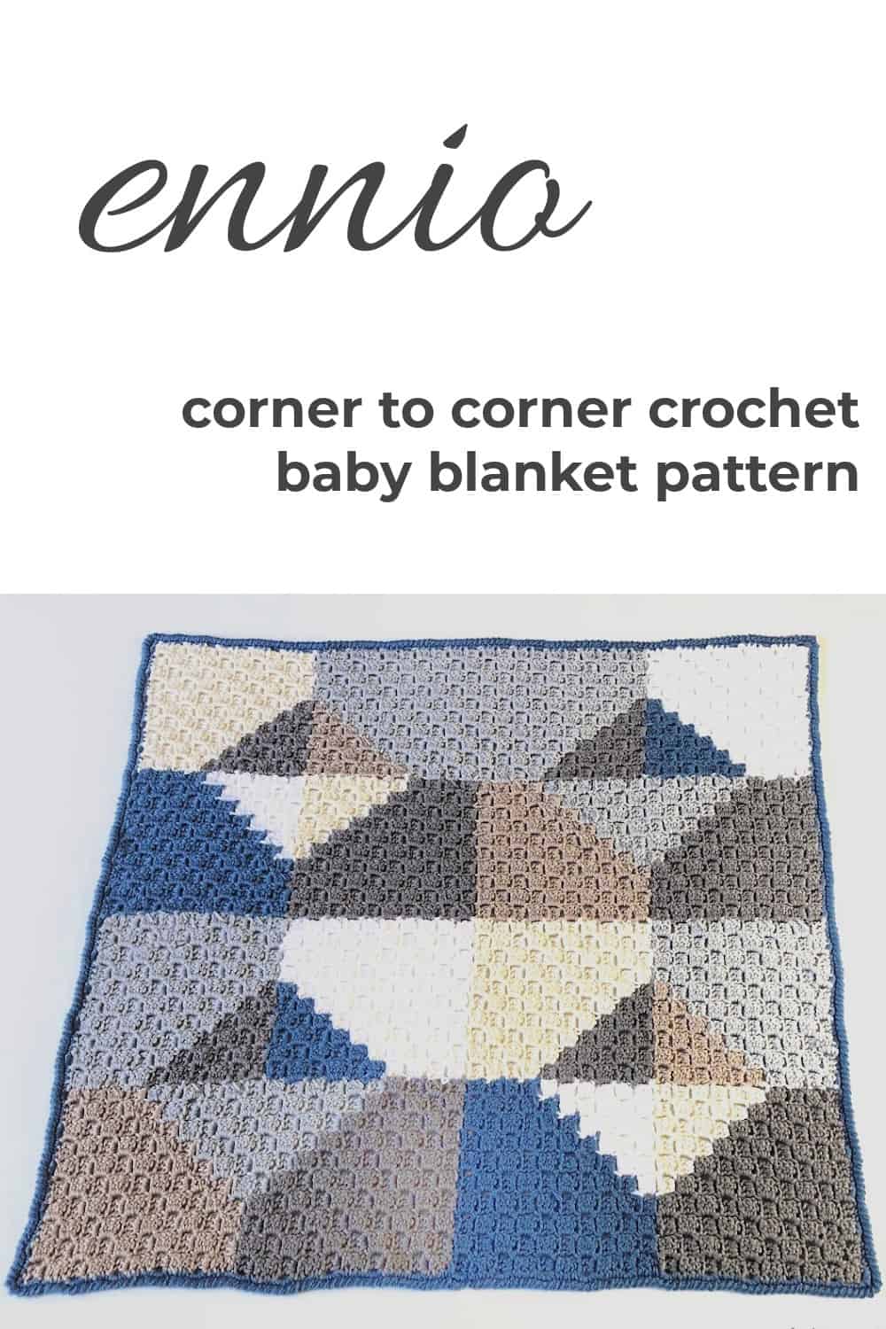 Blue and neutral geometric shaped crochet baby blanket.