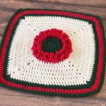 Crochet blanket square with flower at center in red.