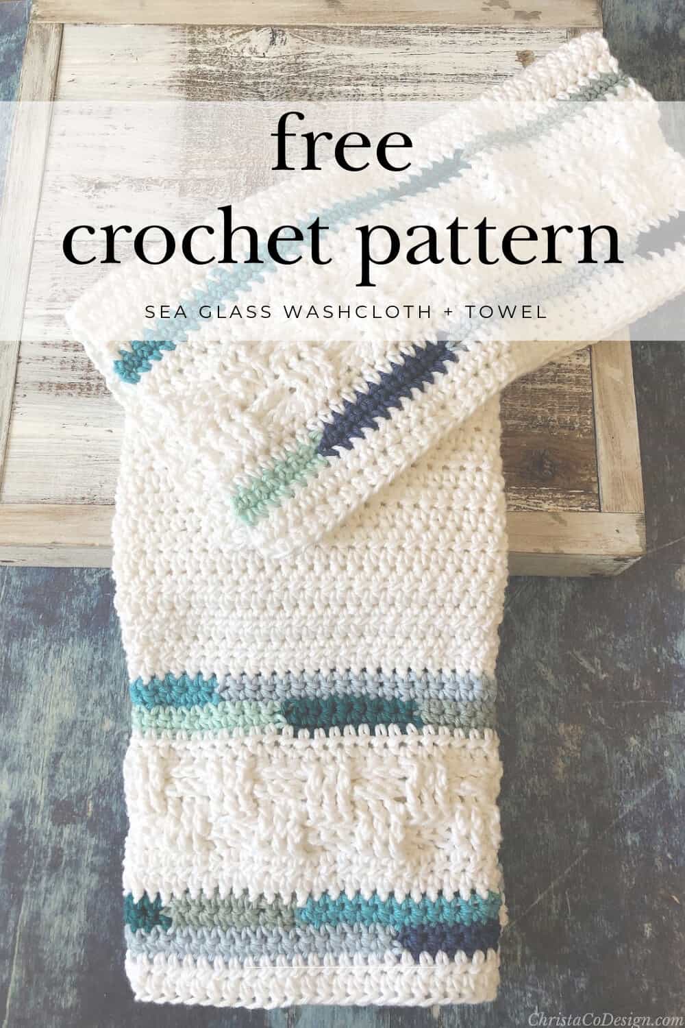 Pin image with text free crochet pattern washcloth and towel in white with texture and blue stripes.