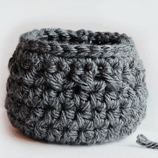 Small grey crochet basket.
