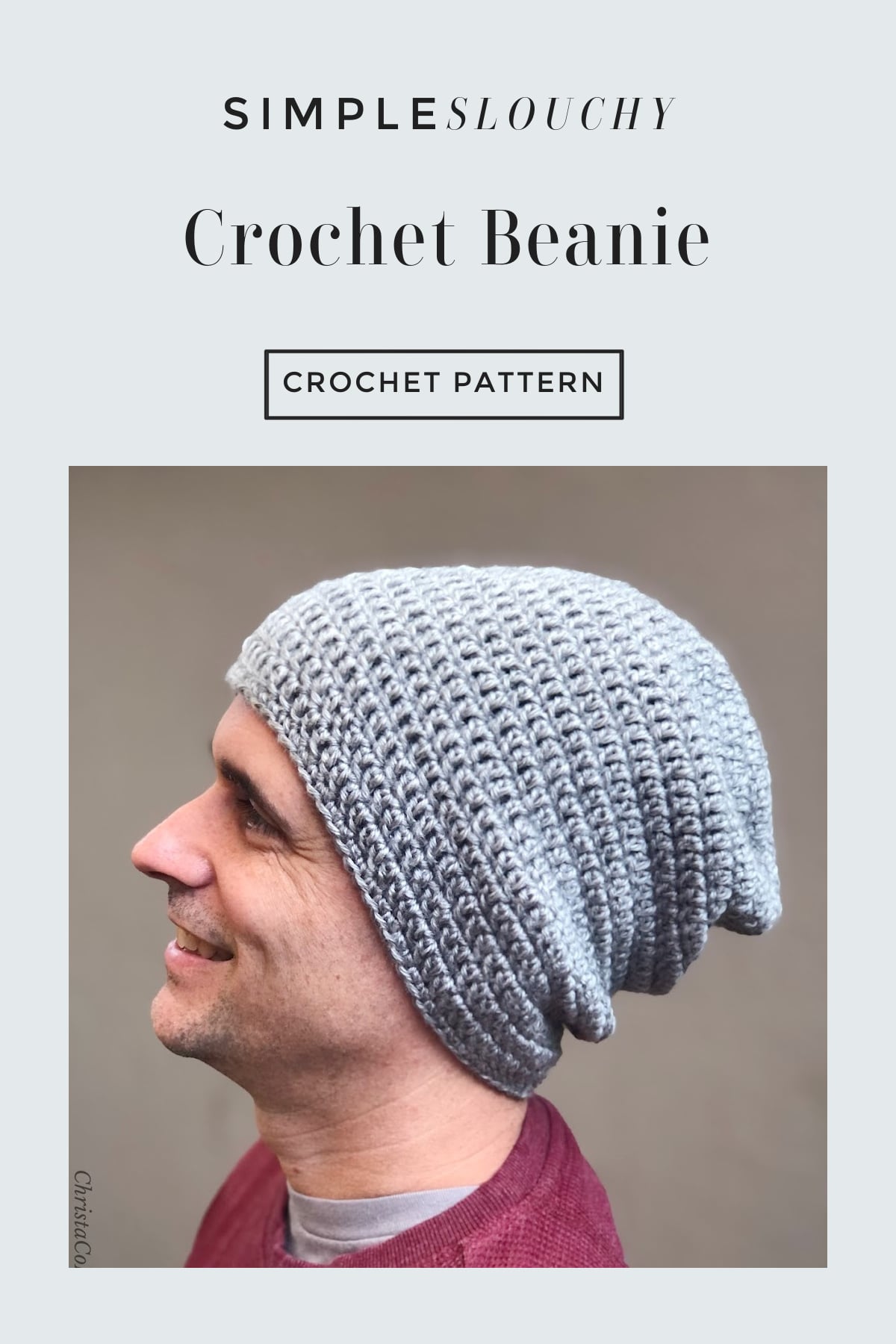 Pin image with man in grey crochet slouchy beanie.