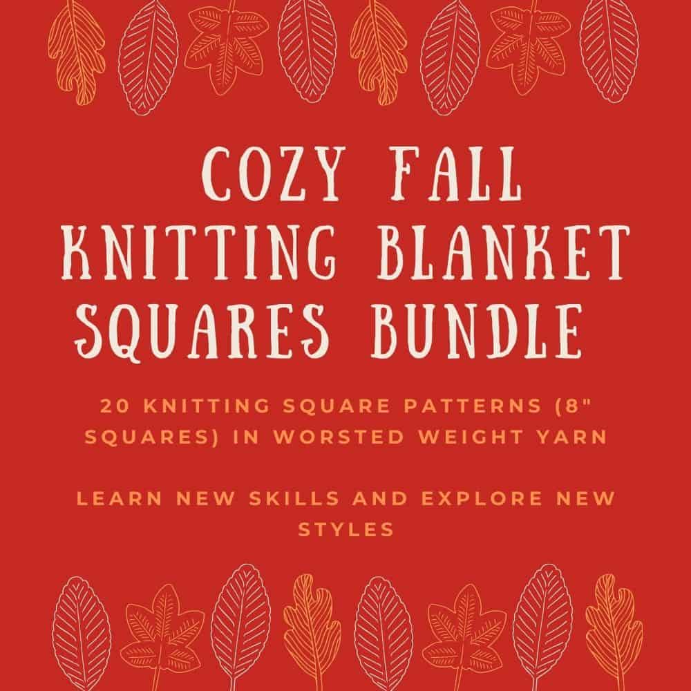 Red image with text cozy fall knitting blanket squares bundle.