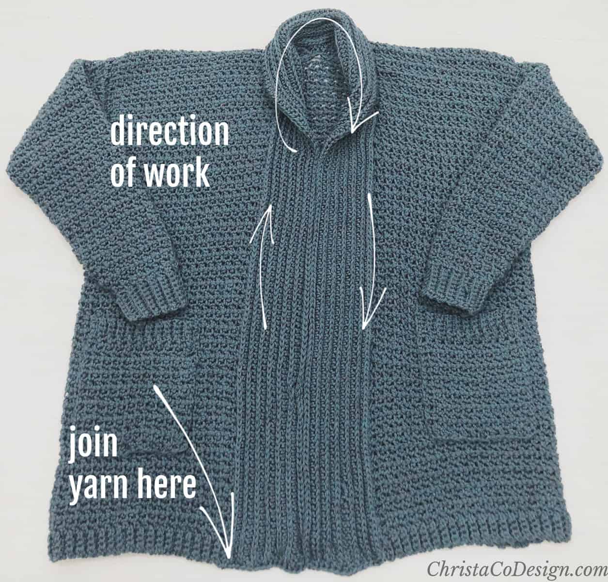 Lapel for cardigan with arrows to join.