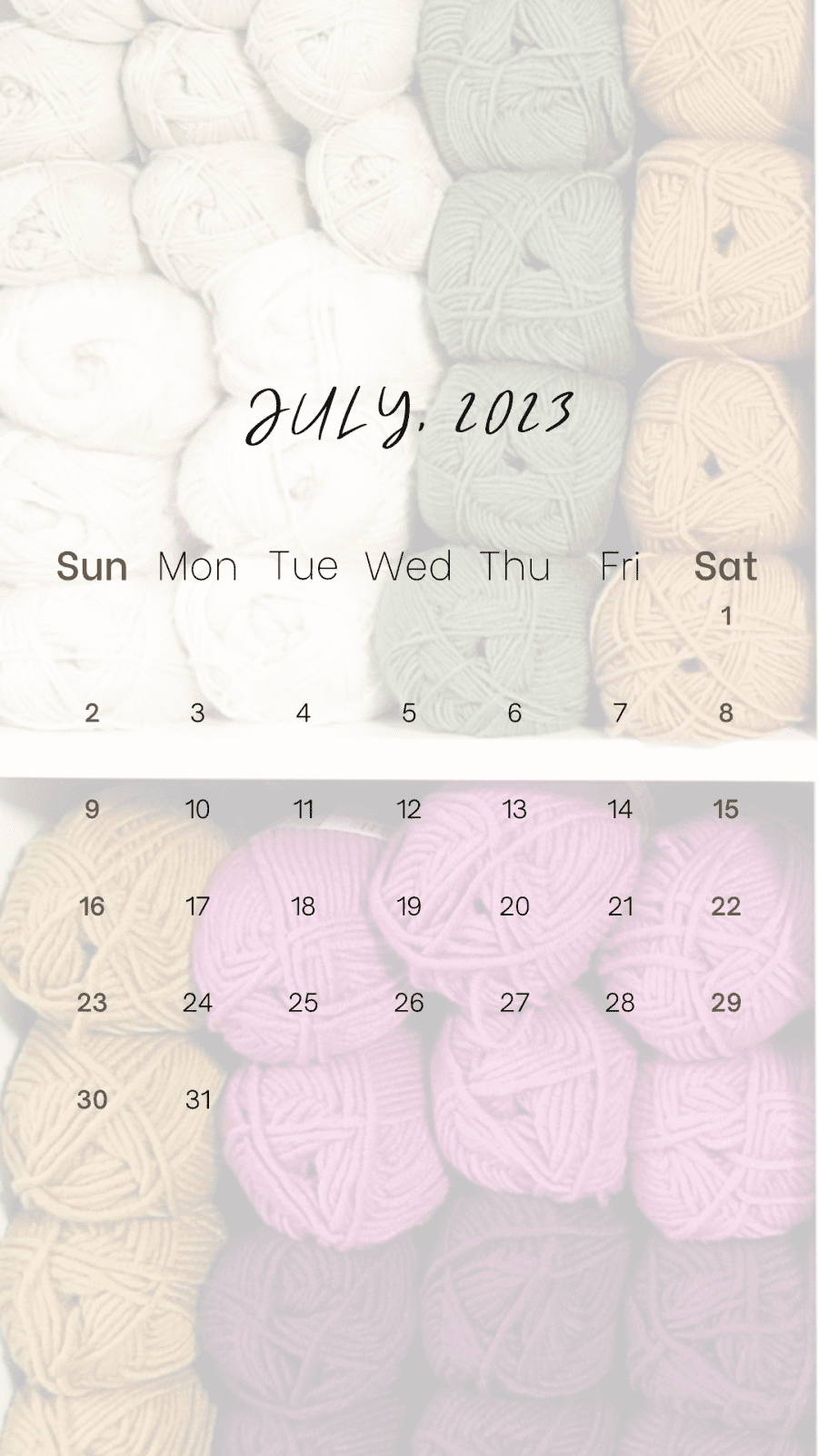 July 2023 calendar over cream, gold, pink and green yarn balls.