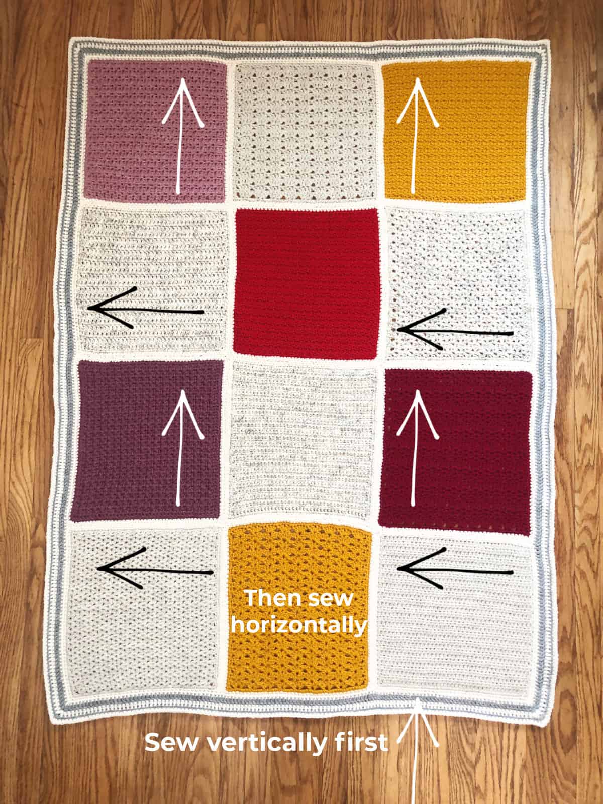 Patchwork blanket with arrows indicating direction of joining.