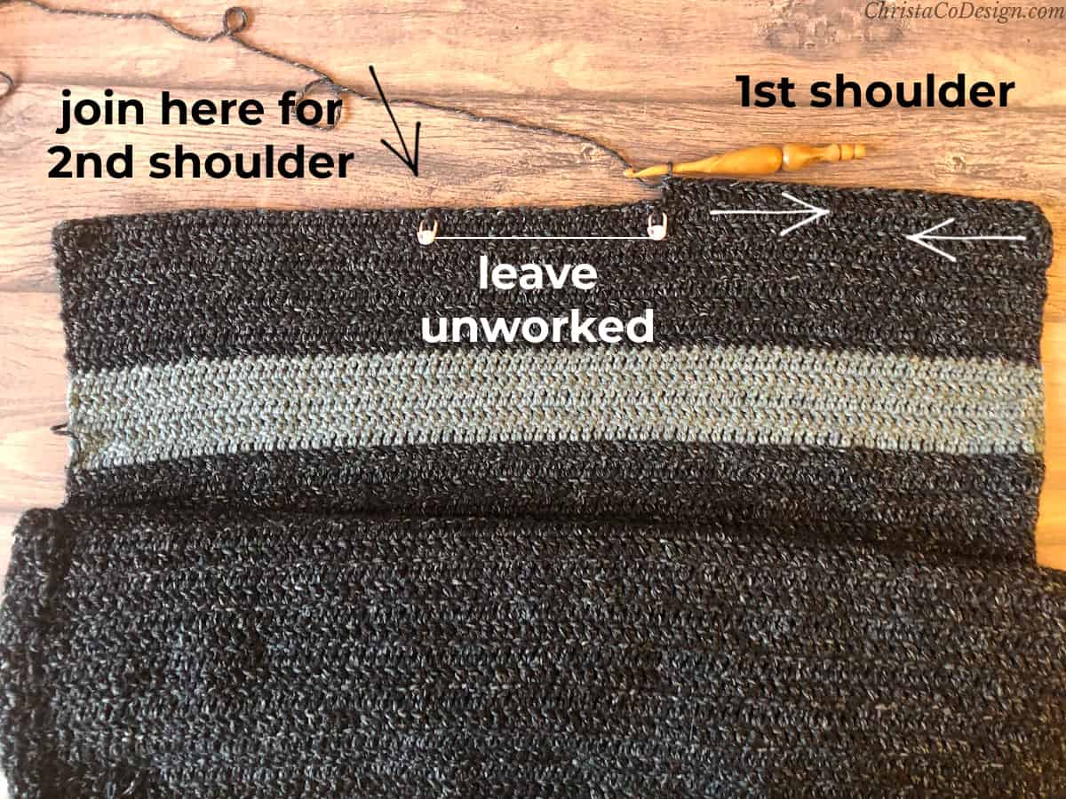 Neck and shoulders of sweater marked with text for where to join and what to leave unworked.