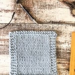 Pale blue knit coaster with notions.