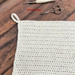 Crochet dishcloth with loop, scissors, hook.