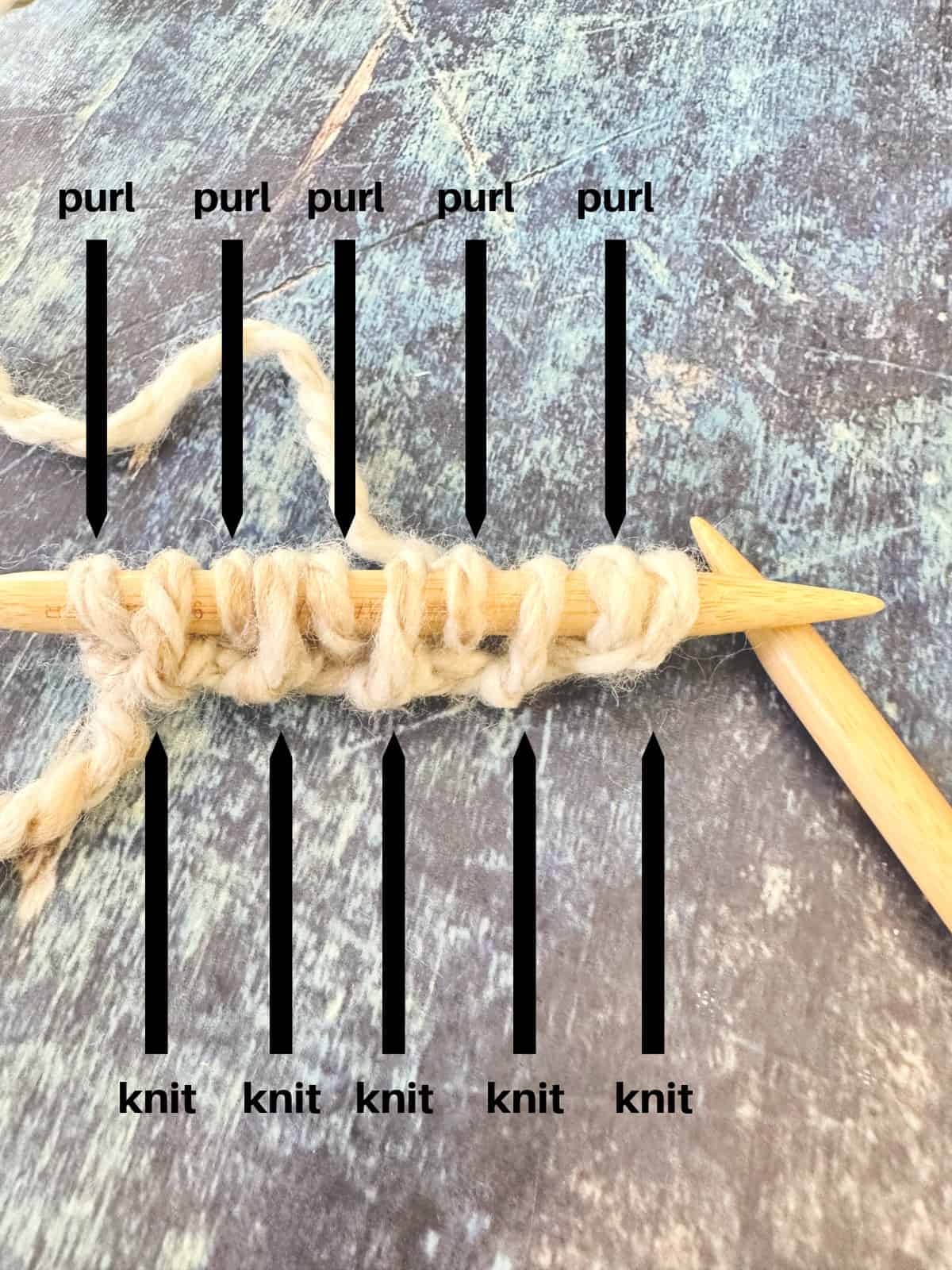 Stitches labeled with purl or knit for alternating cable cast on.