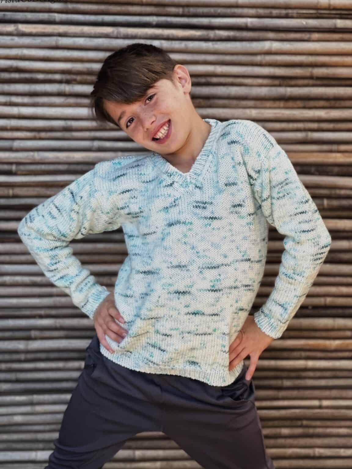 Kids V-Neck Pullover Sweater Free Knitting Pattern - ChristaCoDesign