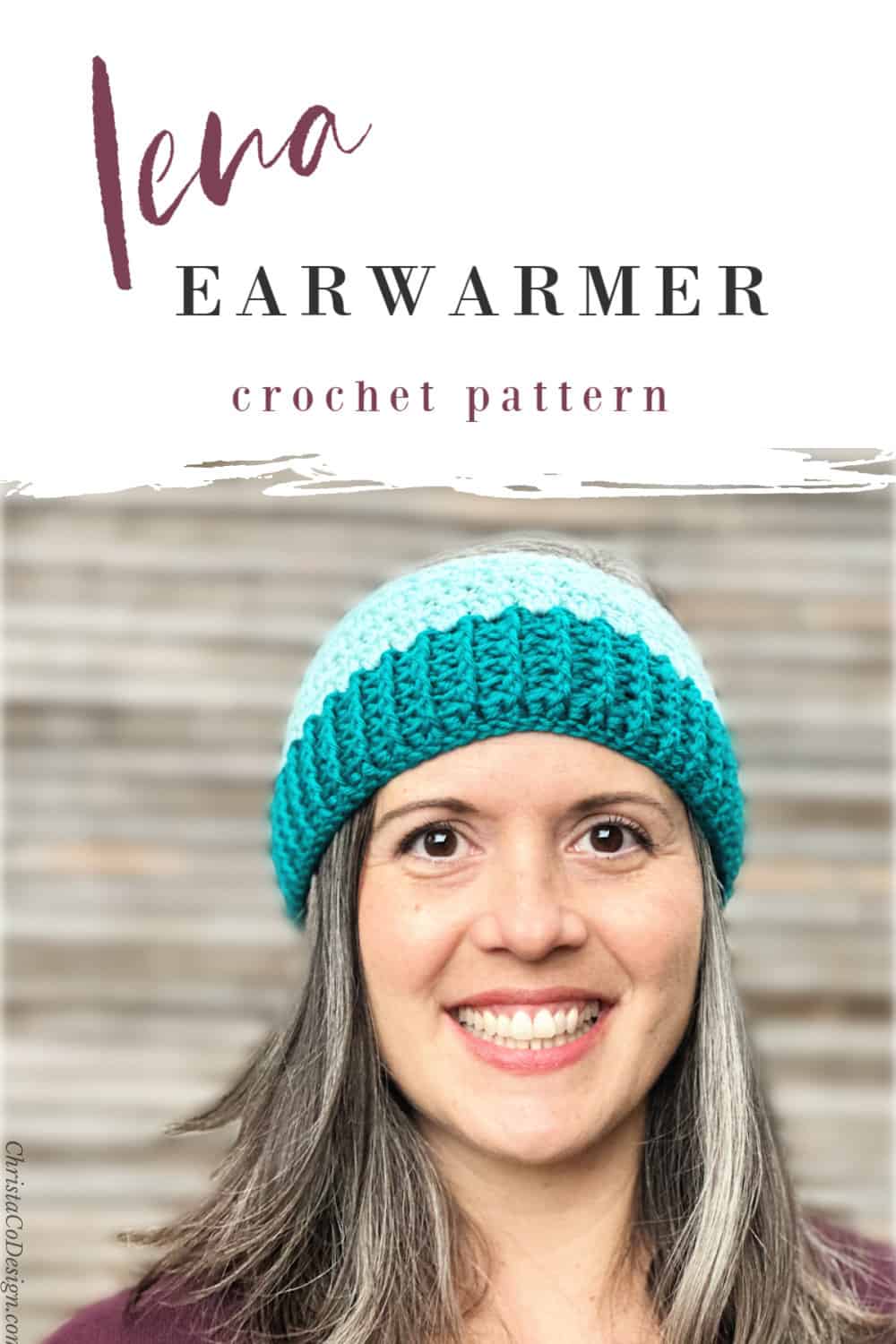 Pin image of Woman wearing teal and blue crochet ear warmer smelling at camera.