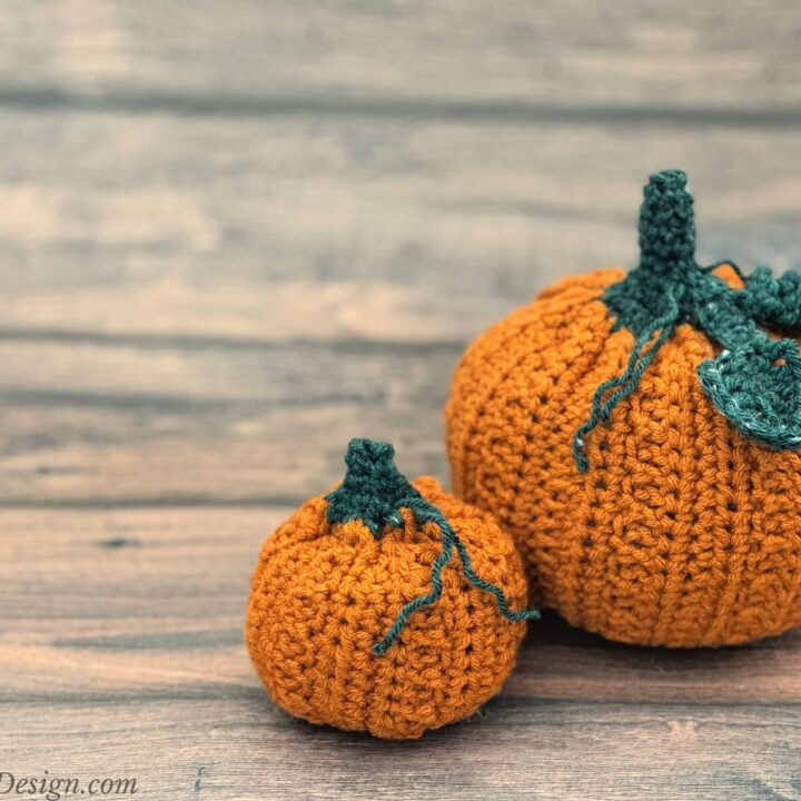Two crochet pumpkins with stem, leaf and vine.