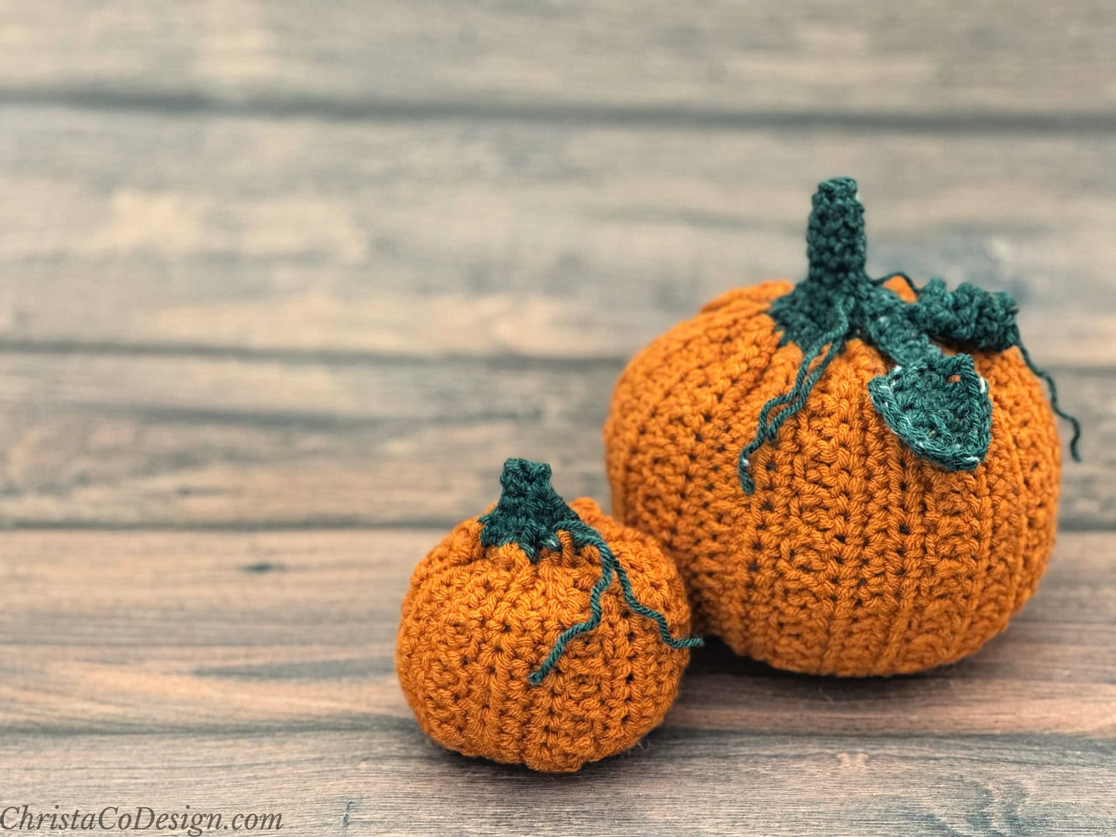 Two crochet pumpkins with stem, leaf and vine.