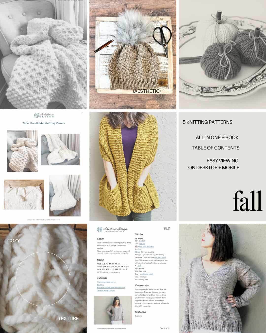 Collage of knitting patterns.