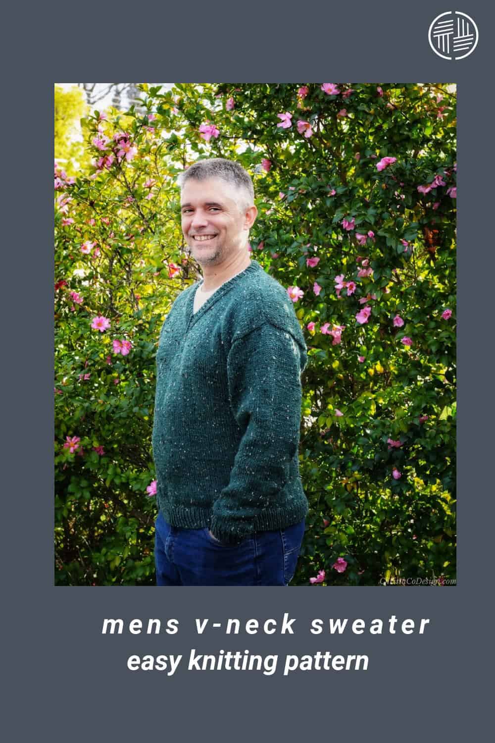 Pin image of man in green knit sweater.