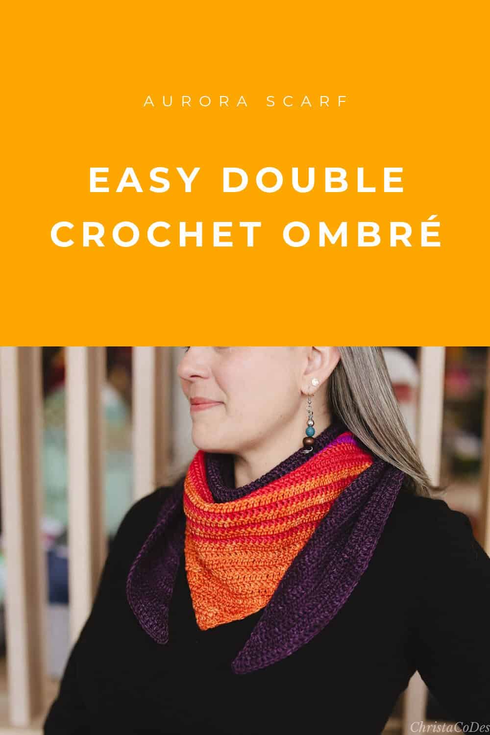Pin image with text and picture of crochet triangle scarf on woman.