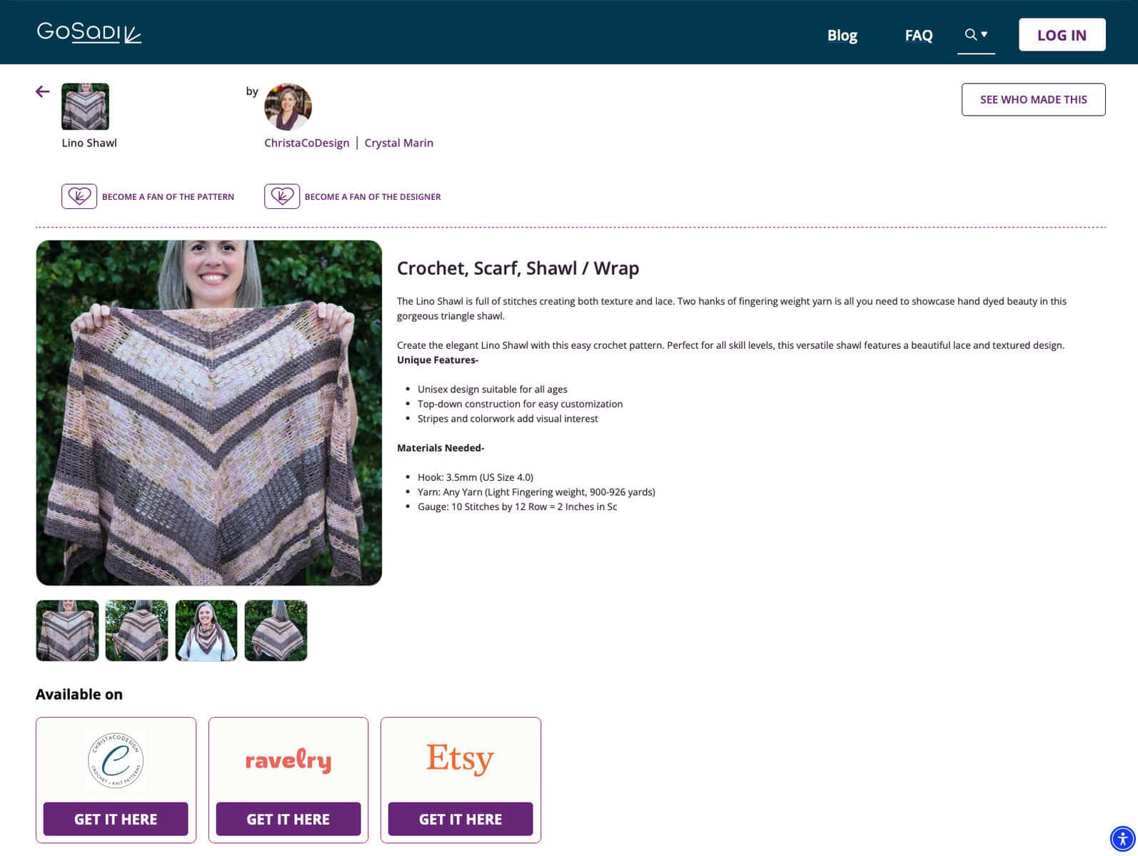 Screen shot of pattern page on GoSadi with arrows.