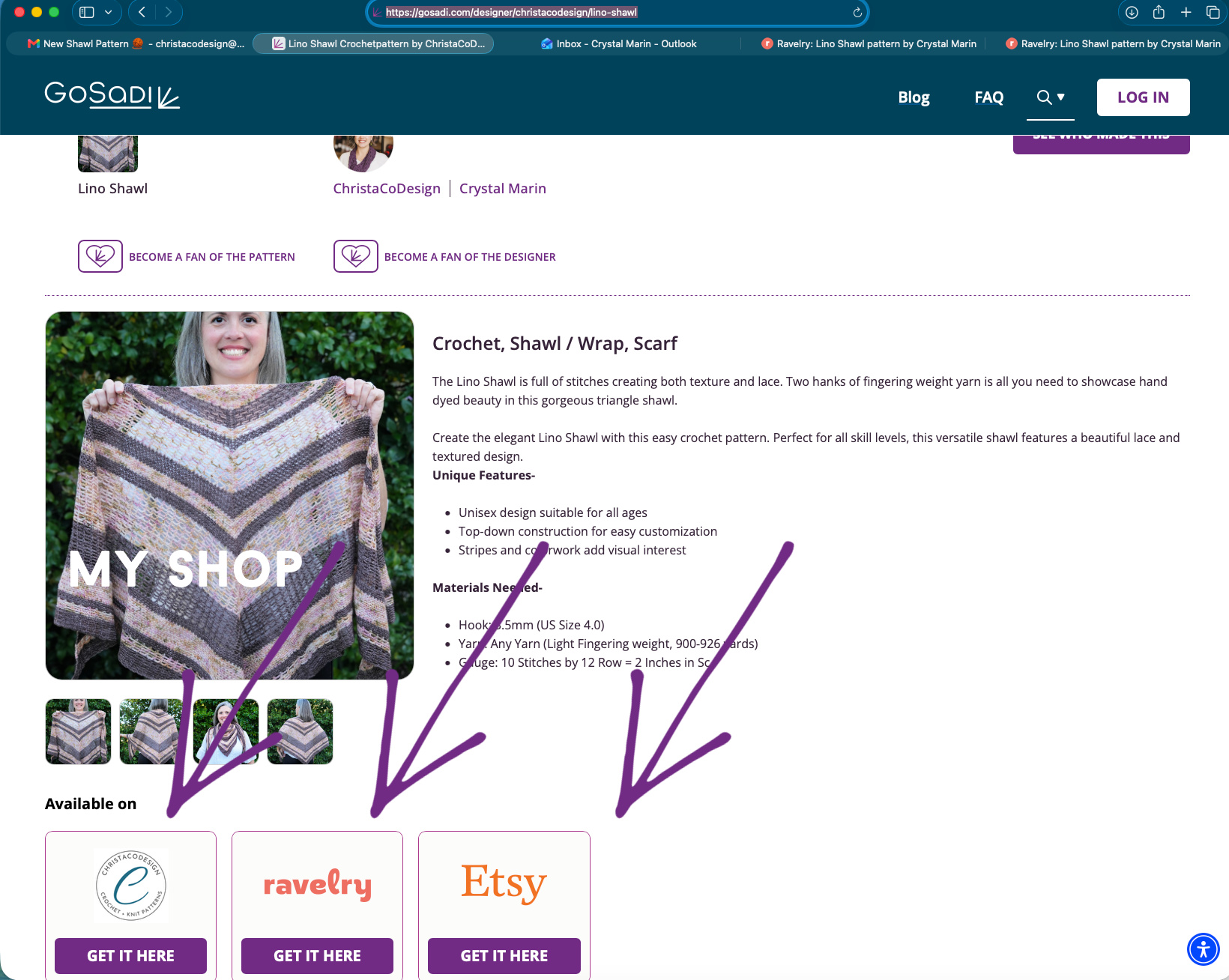 Screen shot of pattern page with arrows.