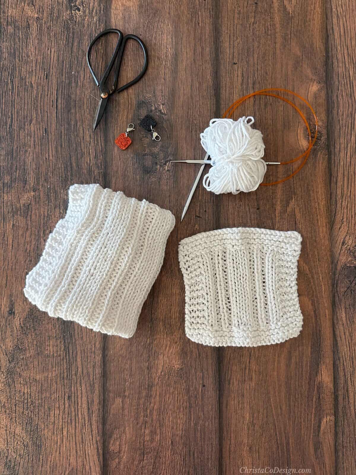 White dishcloths with notions.