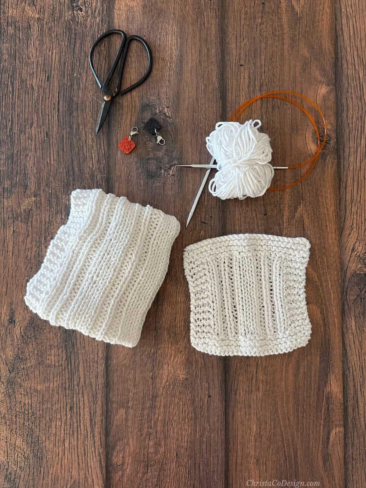White dishcloths with notions.