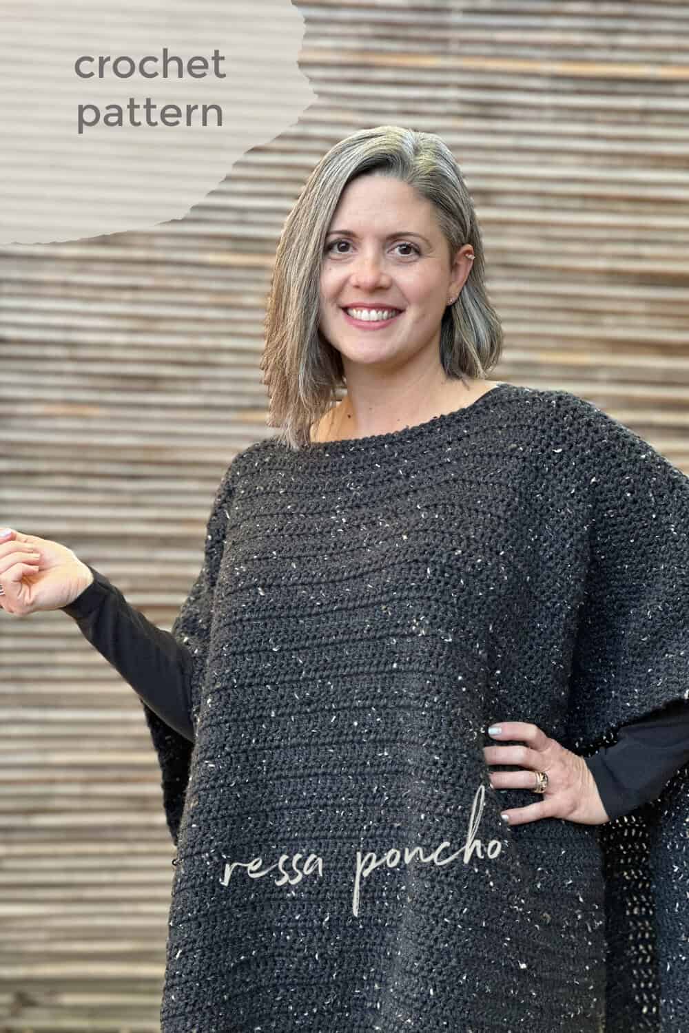 Pin image woman in black crochet poncho with text.