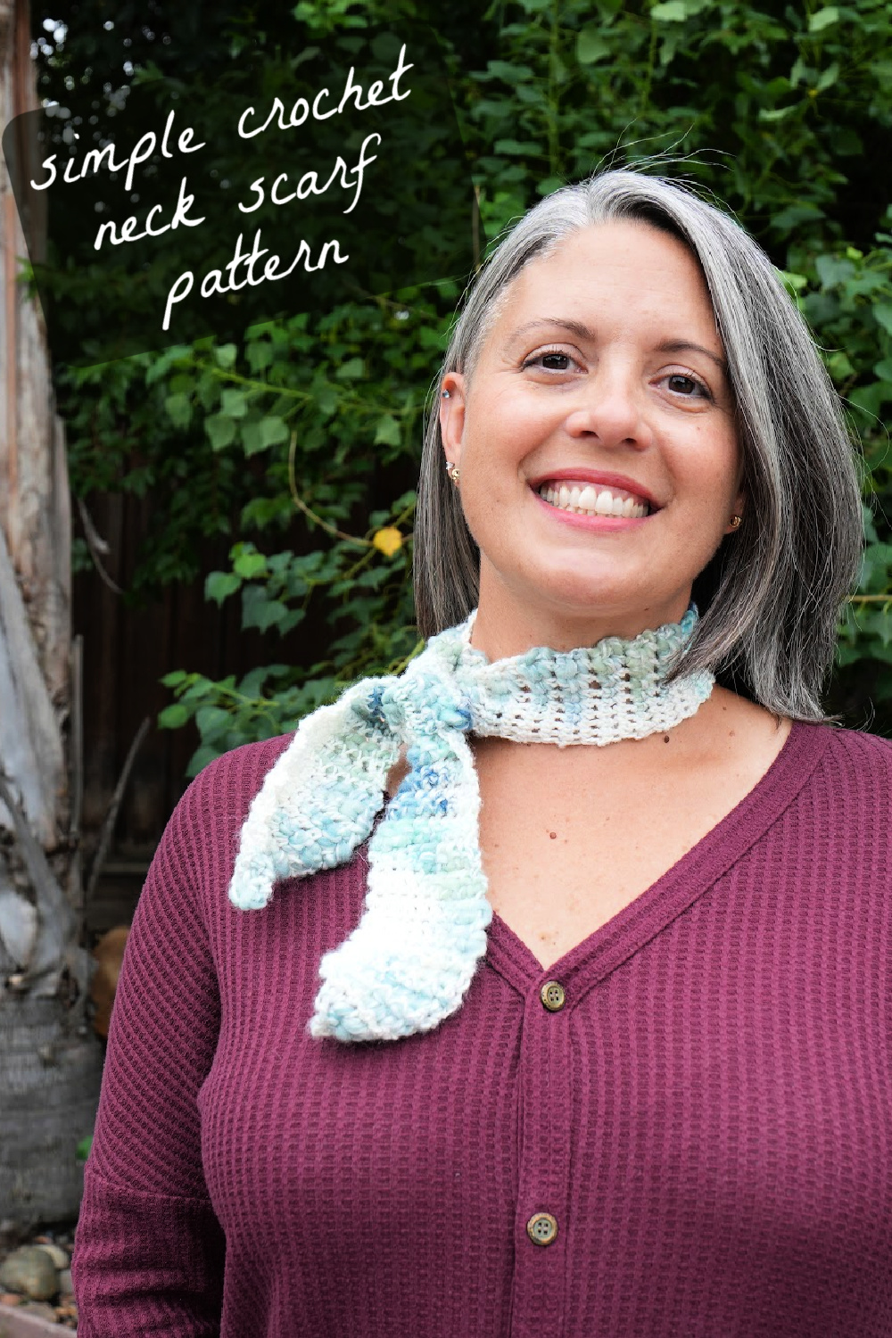 Pin image of woman in scarf with text overlay simple crochet neck scarf pattern.