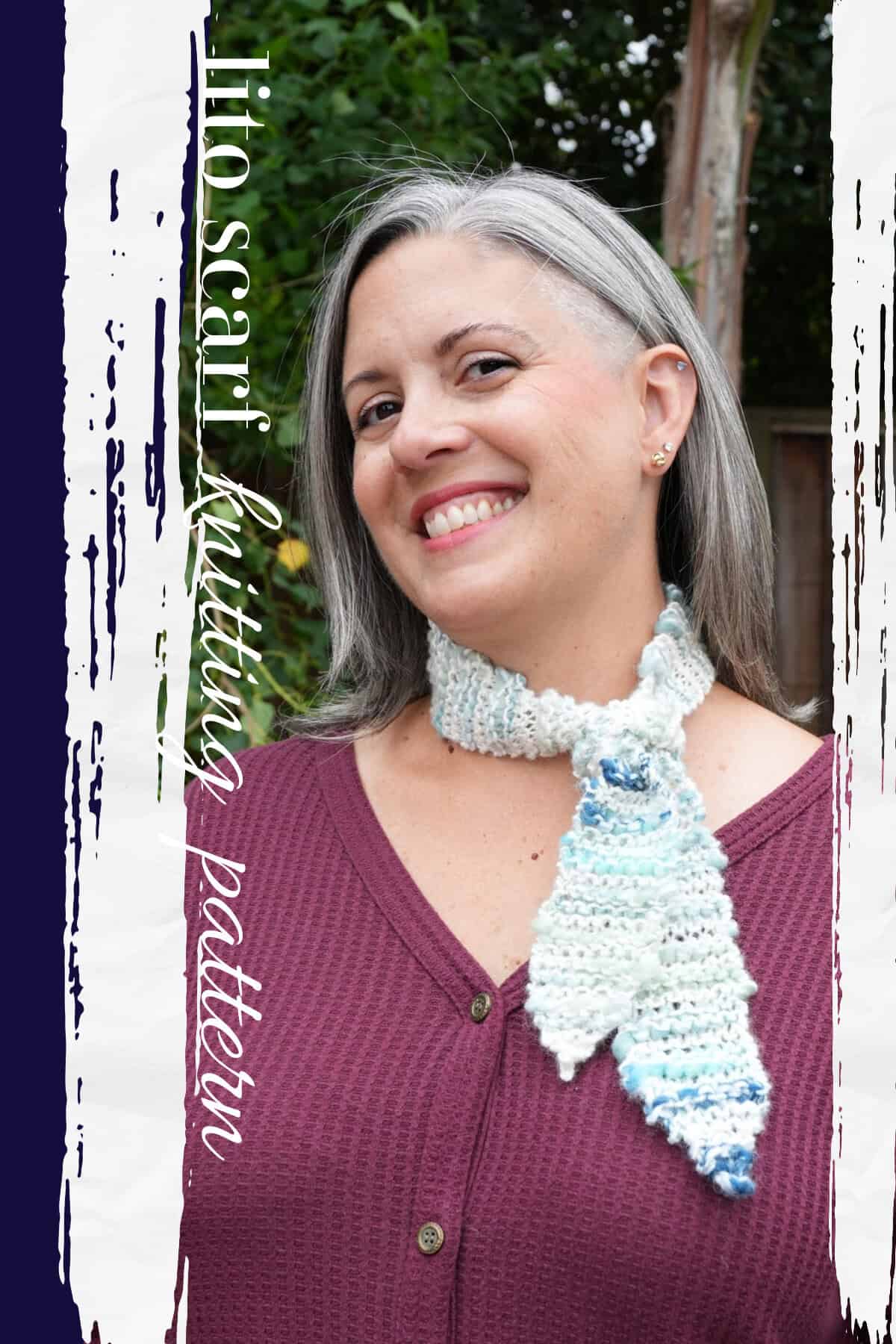 Pin image with text of woman wearing skinny knit scarf.