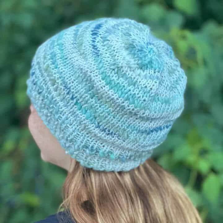 Back view of knit hat with crown shaping.